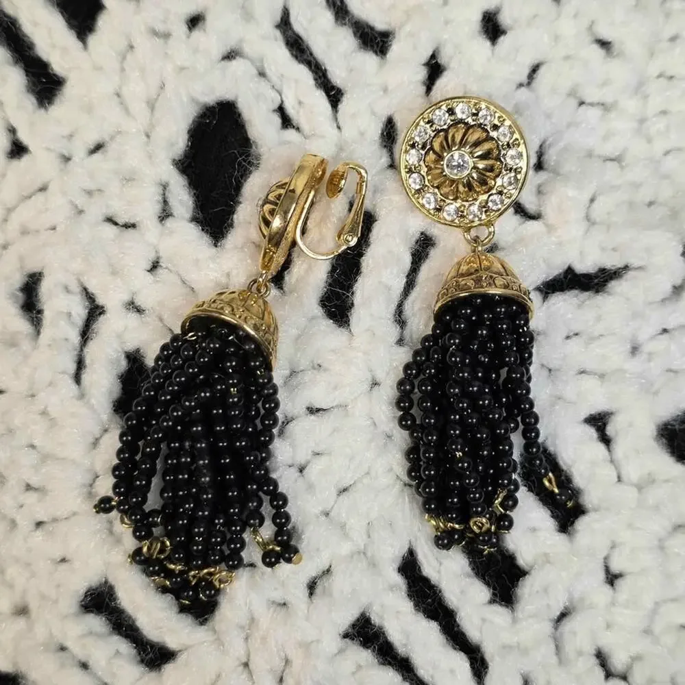 Vintage Avon Black Beaded Tassel Clip-On Earrings Gold Rhinestone Statement